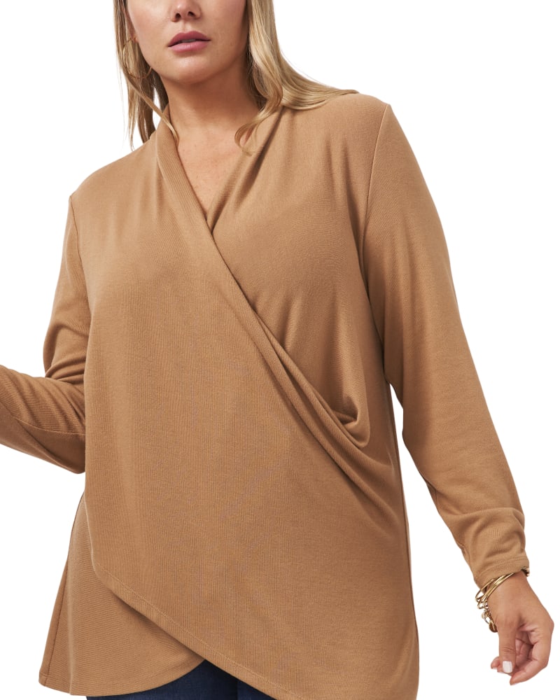 Front of a model wearing a size 1X L/S CROSS FRT COZY KNIT TOP in WILD OAK by 1.State. | dia_product_style_image_id:294687